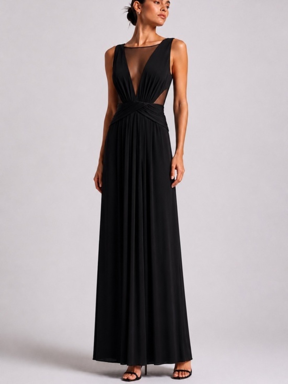 BCBGMaxazria black Magdalena sheer neck sleeveless gown